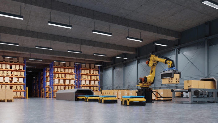 FANUC robot palletizing boxes in a fulfillment center